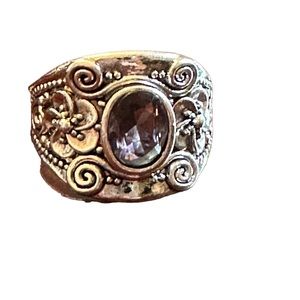 Amethyst Center Silver Embossed Ring